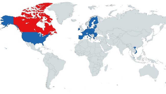 Figure 1. The countries with which Canada has ASF zoning agreements (Vietnam, Singapore, the EU, and United States).