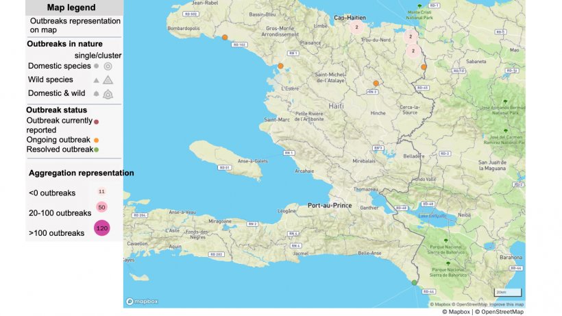 Map of ASF outbreaks in Haiti. Source: OIE.&nbsp;&copy; OpenStreetMap contributors.&nbsp;https://www.openstreetmap.org/copyright
