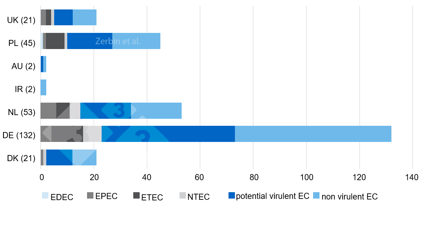 Figure 3. Number and distribution of <em>E. coli</em> types from a total of 276 isolates per country of origin. Number of isolates per country in brackets. (pot vir: potentially virulent; non vir: probably nonvirulent)
