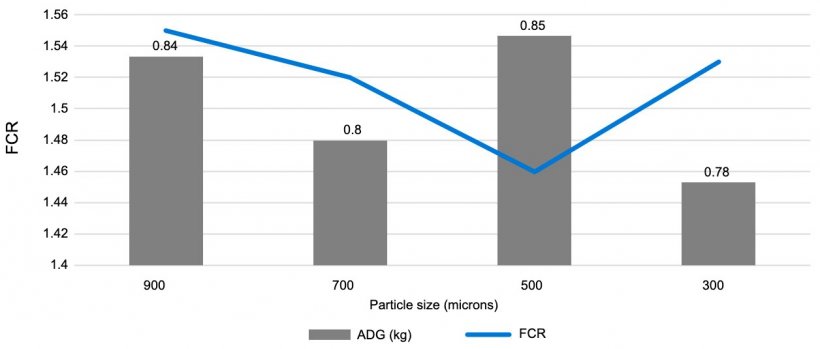 Graph&nbsp;2. Effect of particle size (microns) on growth and feed conversion in the post-weaning phase.
