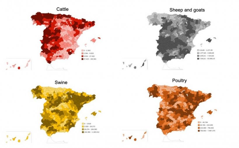 Geographical distribution of livestock types, by species. Source: INE.
