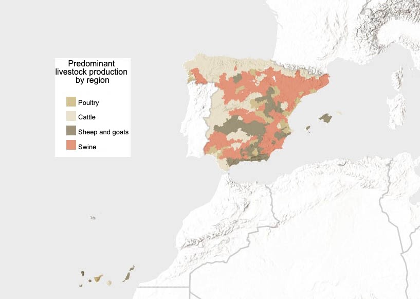 Predominant type of livestock in Spain (according to livestock units). Source: INE.
