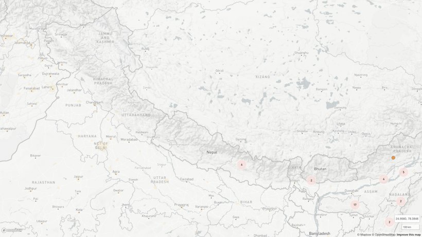 Location of the six outbreaks reported so far in Nepal. Other nearby outbreak clusters are also indicated.&nbsp;Source: OIE from&nbsp;&copy;OpenStreetMap
contributors (https://www.openstreetmap.org/about/)
