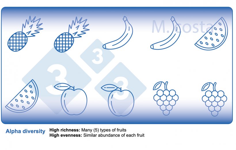 Figure 2. How to interpret measures of microbial diversity within samples (alpha diversity). Diversity is a product of richness (e.g. types of fruits) and evenness (e.g. distribution or abundance of each type of fruit) in a given sample.
