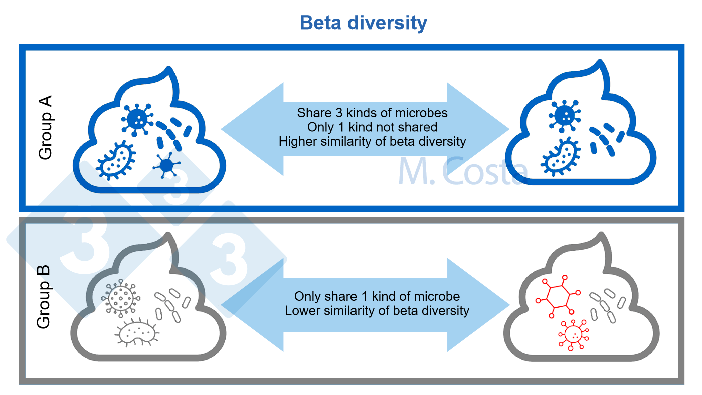 Figure 3. Understanding changes in microbial composition between samples (beta diversity). A more similar microbial community shares more types of microbes between samples. Usually, other aspects (such as genetic relationships between microbes) is taken into account when calculating the beta diversity index.
