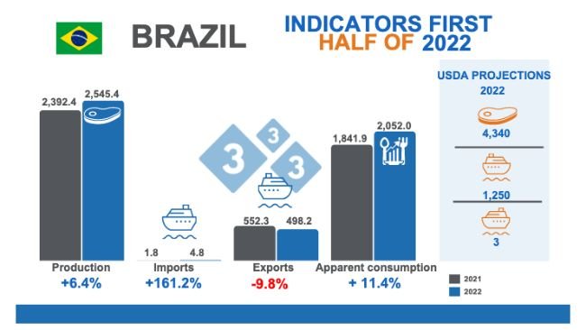 Source: Brazilian Institute of Geography and Statistics IBGE, Comexstat, and USDA. Variations % compared to the same period of 2021. Figures in thousands of tons.