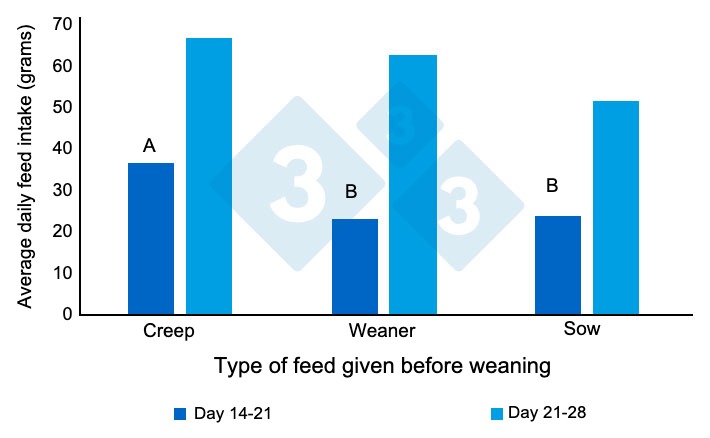 Figure&nbsp;1. Average daily feed intake of the eaters (grams/day) pre-weaning. Adapted from Heo et al. (2018). Different superscripts (AB) in the bars indicate a tendency for a significant difference between treatments (P&lt;0.10).&nbsp;
