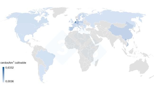 Number of pigs/km2 of arable land in the main global producing countries in 2020. Arable land data: World Bank. Inventory data: 3tres3