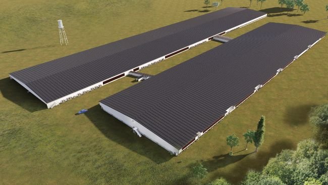 All-steel gestation (top) and farrowing barns rendering.