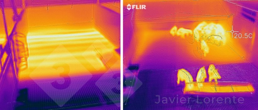 Photo 2. Left: Thermographic image of a correctly functioning heated floor. Right: Thermographic image of a malfunctioning heated floor, with a&nbsp;zone that is practically inactivated.
