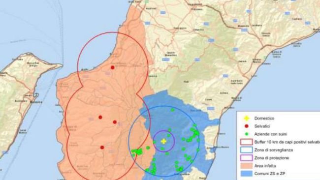 Location of new outbreaks of ASF in the region of Calabria, Italy
(red dots: outbreaks in wild boar; yellow cross: outbreaks on pig farms). Source: MAPA.