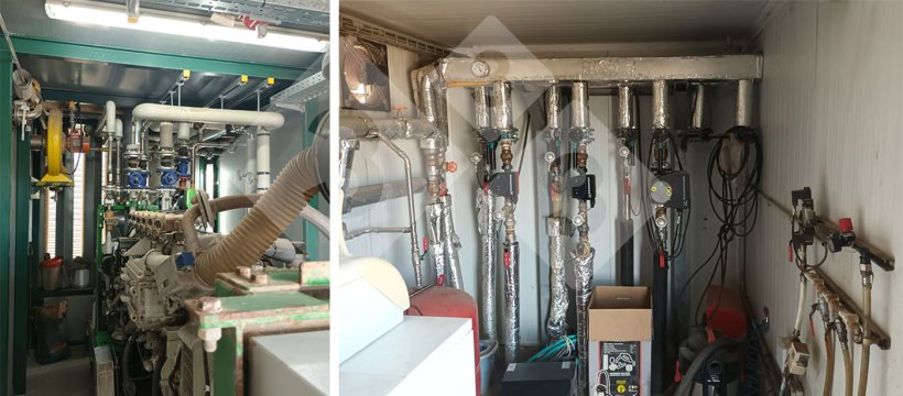 View of the co-generation equipment and boiler and hot water distribution area.
