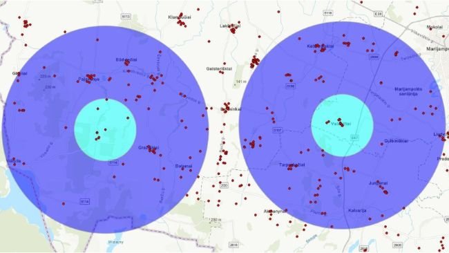 First outbreak of ASF (right) and second outbreak of ASF (left) with designated protection and surveillance zones and pig holding areas (red dots). Source: State Food and Veterinary Service (VMVT).