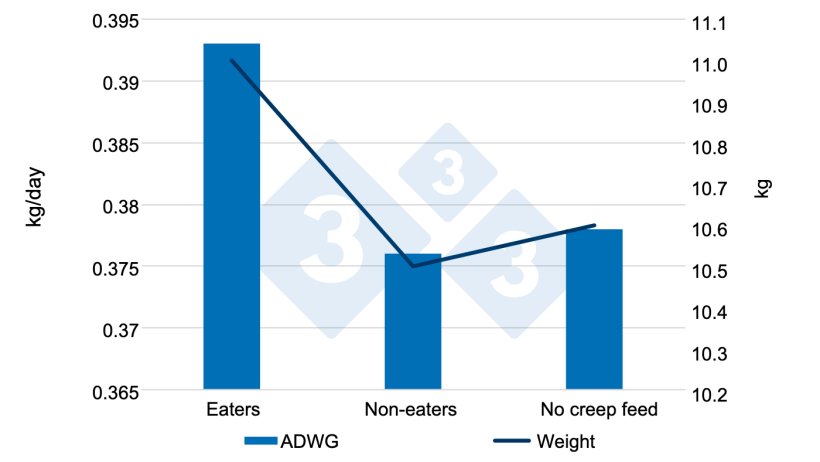 Figure&nbsp;6. Daily weight gain and weight according to whether or not they ate pre-starter feed before weaning (0-28 d). Source: Sulabo et al. 2014.
