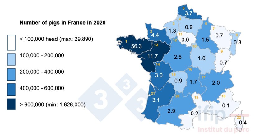 Distribution of the pig inventory in France in 2020. 1 Brittany, 2 Basse-Normandie, 3 Haute-Normandie, 4 Picardie, 5 Nord-Pas-de-Calais, 6 Champagne-Ardenne, 7 Lorraine, 8 Alsace, 9 Franche-Comté, 10 Burgundy, 11 IDF, 12 Centre, 13 Pays de la Loire, 14 Poitou-Charentes, 15 Limousin, 16 Auvergne, 17 Rhône-Alpes, 18 PACA, 19 Languedoc-Roussillon, 20 Midi-Pyrénées, 21 Aquitaine.