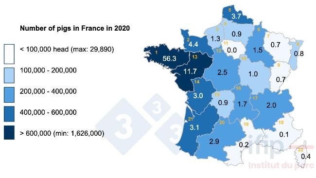 Distribution of the pig inventory in France in 2020. 1 Brittany, 2 Basse-Normandie, 3 Haute-Normandie, 4 Picardie, 5 Nord-Pas-de-Calais, 6 Champagne-Ardenne, 7 Lorraine, 8 Alsace, 9 Franche-Comté, 10 Burgundy, 11 IDF, 12 Centre, 13 Pays de la Loire, 14 Poitou-Charentes, 15 Limousin, 16 Auvergne, 17 Rhône-Alpes, 18 PACA, 19 Languedoc-Roussillon, 20 Midi-Pyrénées, 21 Aquitaine.