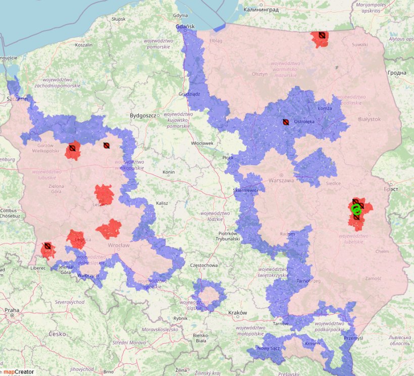 ASF outbreaks number 11 and 12 are marked in green. Red dots indicate ASF outbreaks that have occurred since the beginning of 2023. (Source: GIW)
