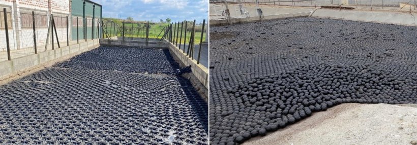Figure 2. NH3 emission reduction efficiency of 60% with floating geometric pieces: in the photo on the left, HEXA-COVER hexagons (image provided by DPLAN) and PANAL FLOTANTE water-filled balls in the photo on the right.
