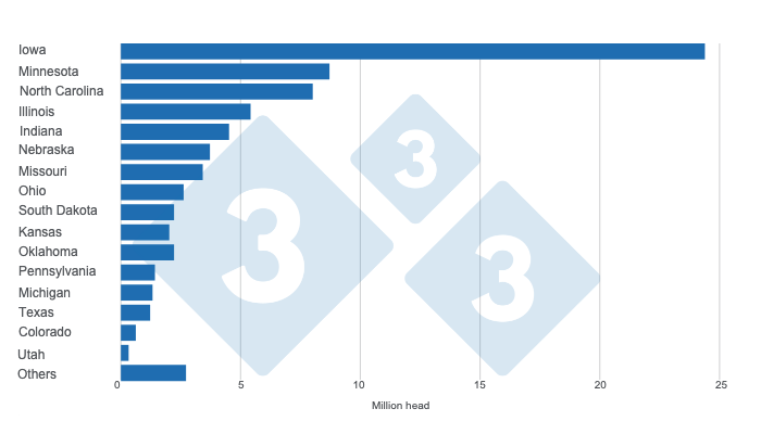 Graph 1. U.S. hog inventory by state as of September 1, 2023. Prepared by 333 Latin America with data from USDA - NASS.
