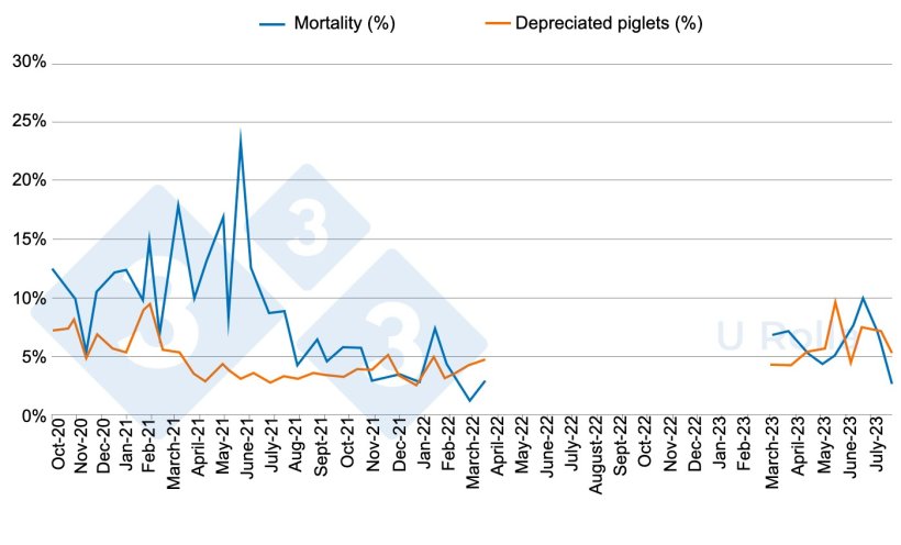 Figure 5. Mortality (%) and proportion of second-category piglets at weaning before (October 2020 to March 2022) and after (March to July 2023) depopulation/repopulation.