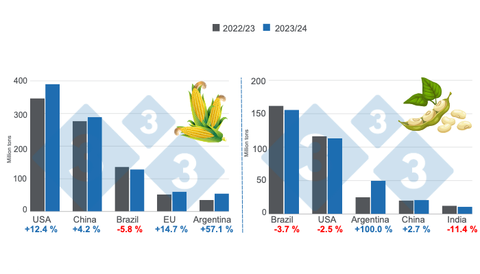 Graph 1. Crop projections for the main world corn and soybean producers - 2023/24 season versus 2022/23 season. Prepared by 333 Latin America with data from FAS - USDA.
