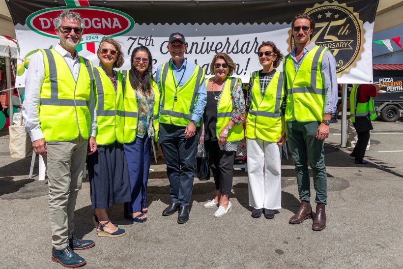 Enjoying D&rsquo;Orsogna&rsquo;s 75th anniversary celebration at its Palmyra, WA headquarters were (L to R) Board Member Marco D&#39;Orsogna, Eleonora Kailis, Loreta D&#39;Orsogna Valentini, Managing Director Jason Craig, Tina D&rsquo;Orsogna, Marisa D&#39;Orsogna and Board Member Giorgio DiGiulio. Siblings Marco, Eleonora and Marisa are the children of Giovanni D&rsquo;Orsogna, co-founder of D&rsquo;Orsogna with his brother Tommaso. Loreta and Tina are Tommaso&rsquo;s daughters. Giorgio is Giovanni&rsquo;s grandson.
