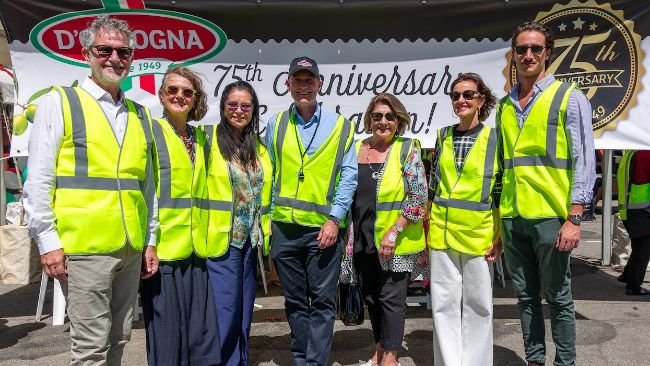 Enjoying D’Orsogna’s 75th anniversary celebration at its Palmyra, WA headquarters were (L to R) Board Member Marco D'Orsogna, Eleonora Kailis, Loreta D'Orsogna Valentini, Managing Director Jason Craig, Tina D’Orsogna, Marisa D'Orsogna and Board Member Giorgio DiGiulio. Siblings Marco, Eleonora and Marisa are the children of Giovanni D’Orsogna, co-founder of D’Orsogna with his brother Tommaso. Loreta and Tina are Tommaso’s daughters. Giorgio is Giovanni’s grandson.