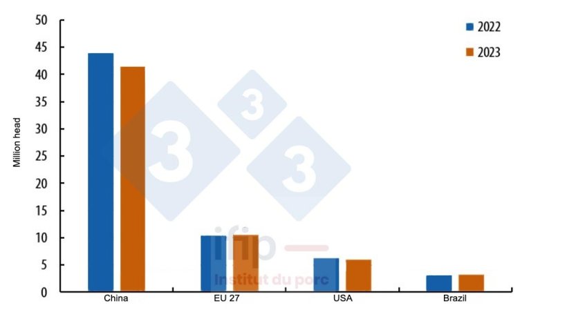 Evolution of the breeding sow herd in the main world producers at the end of 2023/2022. Source: IFIP according to Eurostat, MoA, and USDA.
