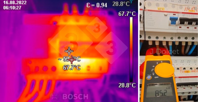 Photo 2. Detection of a possible fault with thermography (left) and with the well-known tester (right).