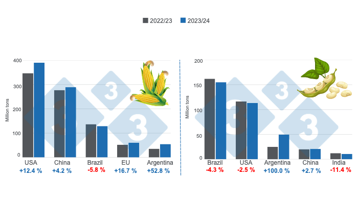 Graph 1. Crop projections for the main world corn and soybean producers - 2023/24 season versus 2022/23 season. Prepared by 333 Latin America with data from FAS - USDA.
