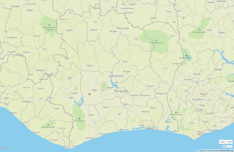 Location of ASF outbreak in Sassandra-Marahoué, Cote D'Ivoire.