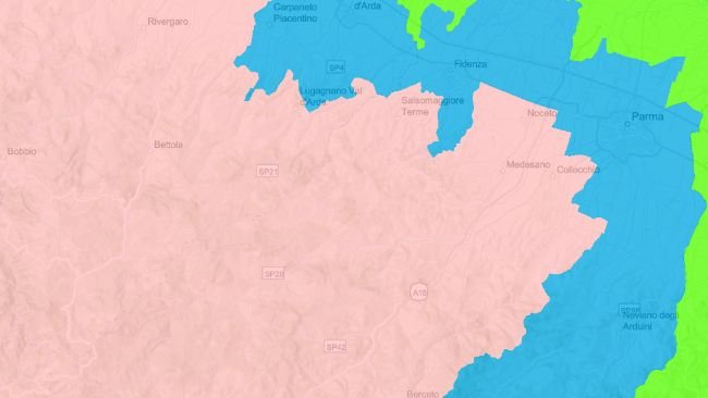 Restricted zones I (blue color) and II (pink color) in the province of Parma and surroundings as of April 29, 2024. Source: DG-Agri.