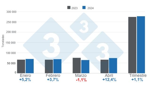 Graph 1. Monthly pig slaughter in the first four months of 2024 - annual variations. Prepared by 333 Latin America with data from CAPORC and CNP.  