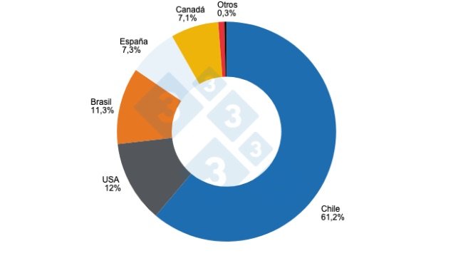 Share of countries of origin in total Peruvian imports of pork products and by-products in 2023. Prepared by 333 Latin America with data from the National Superintendence of Customs and Tax Administration - SUNAT.
