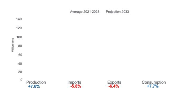 Projected pork production, imports, exports, and consumption for 2033 - variations with respect to the 2021 - 2023 average. Prepared by 333 Latin America with data from OECD - FAO Agricultural Outlook 2024 - 2033.