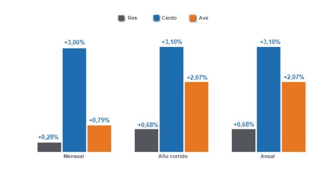 Variations in the Consumer Price Index (CPI) of the main animal proteins in Colombia, December 2024. Prepared by 333 Latin America with data from DANE.