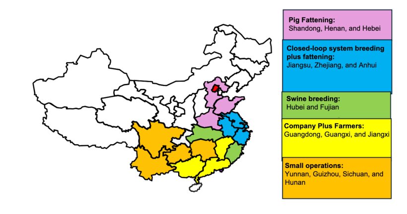 Geographical distribution and operational modes of China&rsquo;s swine industry by province. Source: USDA from&nbsp;ATO Beijing.
