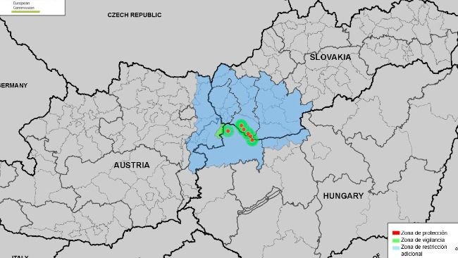 Protection and surveillance zones, and additional restriction zone according to Document PLAN/FMD07/2025 2025-SANTE G2. Last updated on 27/03/2025. Source: EC.