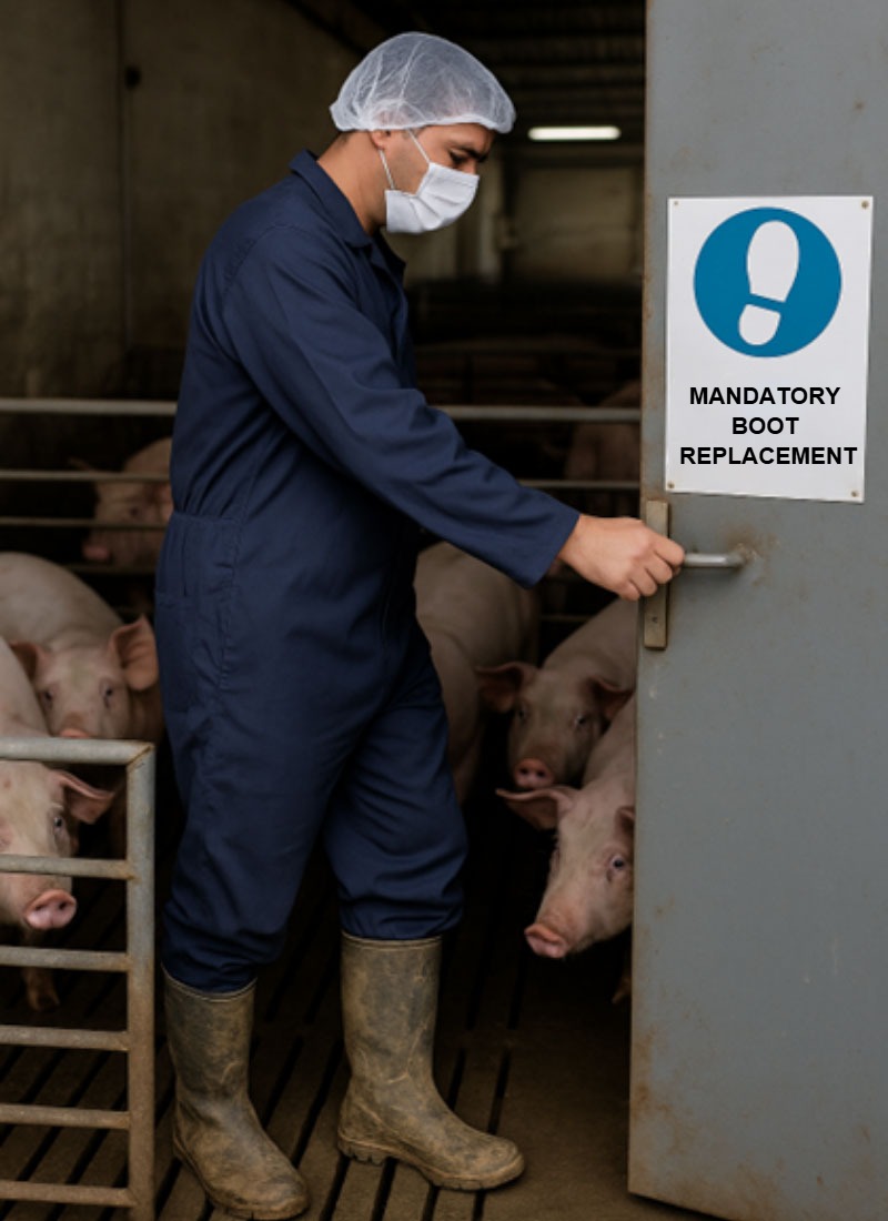 Photo 1. A worker on a pig farm walks through areas without changing his boots, ignoring the indicated biosecurity protocol. Image generated by artificial intelligence for illustrative purposes (OpenAI, 2025).
