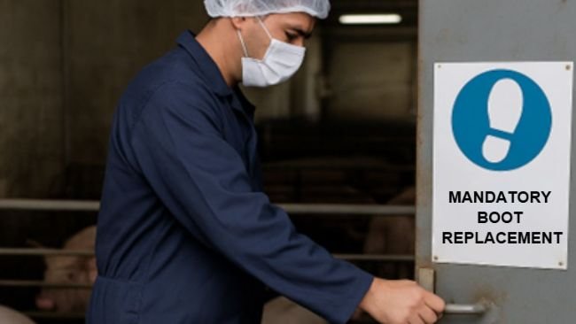Photo 1. A worker on a pig farm walks through areas without changing his boots, ignoring the indicated biosecurity protocol. Image generated by artificial intelligence for illustrative purposes (OpenAI, 2025).