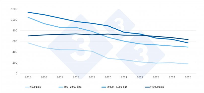 네덜란드 돼지 농장의 규모별 변화(2015–2025*). 2025년 잠정 자료. 출처: CBS 농업 센서스.