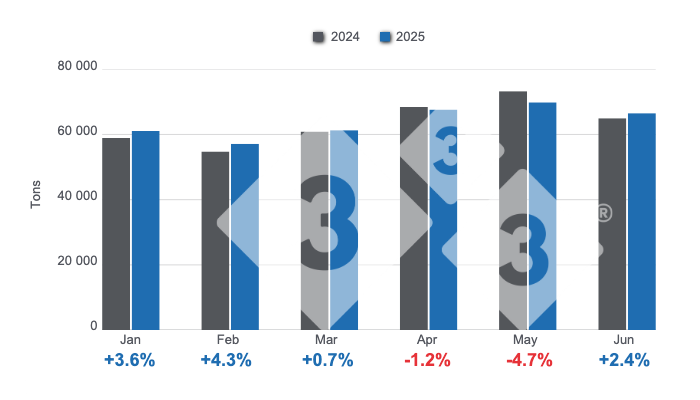 Monthly pork production in the first half of 2025, annual variations. Prepared by 333 Latin America with data from the Secretariat of Agriculture, Livestock, and Fisheries of the Ministry of Economy of Argentina.
