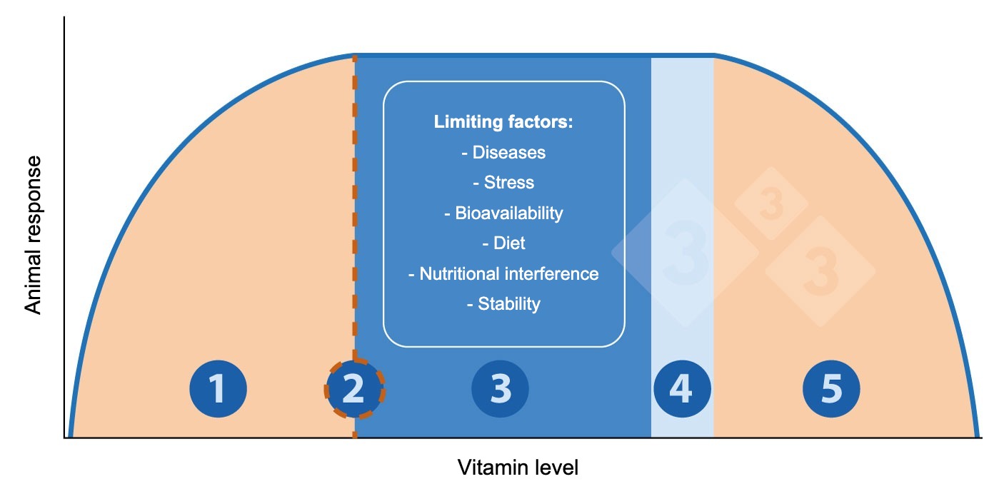 <p>Figure 1. Relationship between vitamin levels and animal response.</p>
