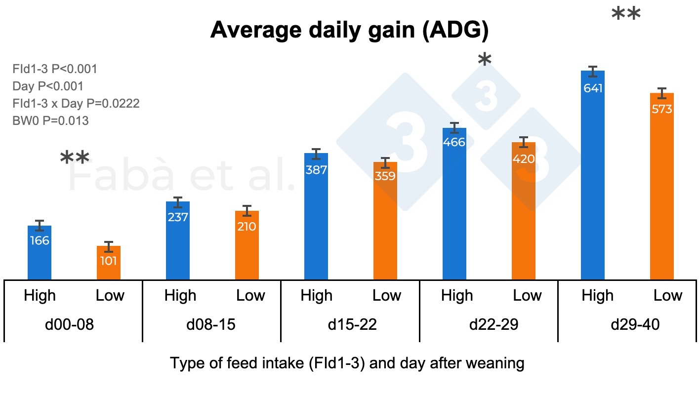 Average daily gain of piglets throughout the nursery period