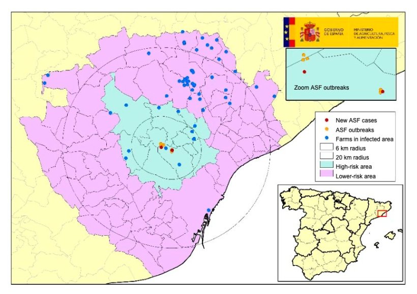 Location of the seven outbreaks in wild boars and pig farms located within the infected area, with municipalities in high-risk and lower-risk areas. (Source: MAPA).