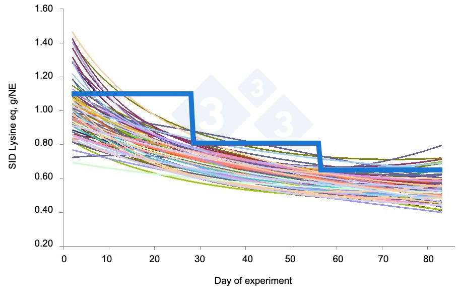 <p>Figure 1. Estimated requirements for standardized digestible ileal lysine for individual pigs (colored lines) and minimum levels of standardized digestible ileal lysine provided to pigs fed in a conventional 3-phase group feeding system (thick blue line) without affecting body weight gain, according to Hauschild et al., 2012.</p>
