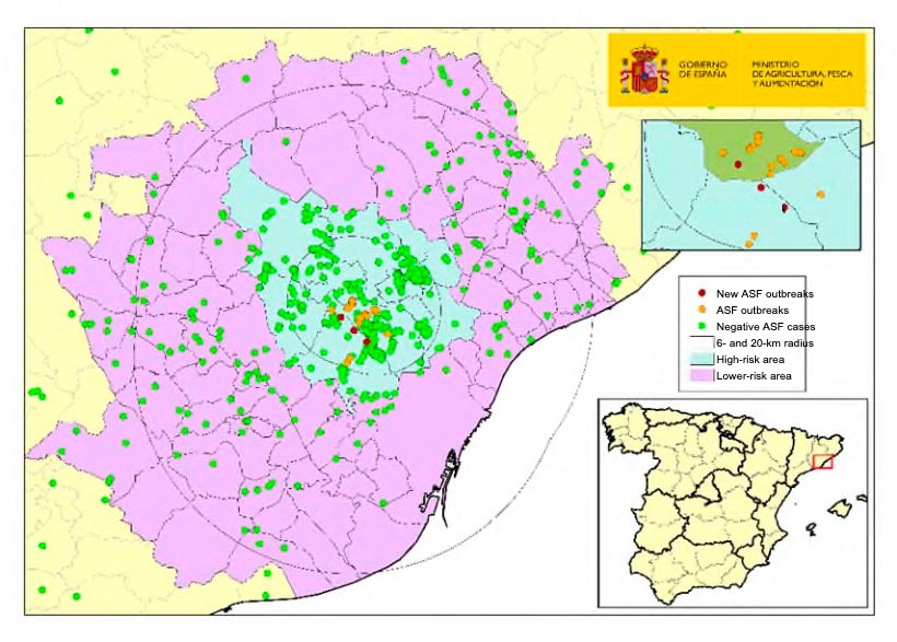 <p>Location of the 23 outbreaks in wild boars and captured or found dead negative boars detected in Catalonia (Source: MAPA).</p>