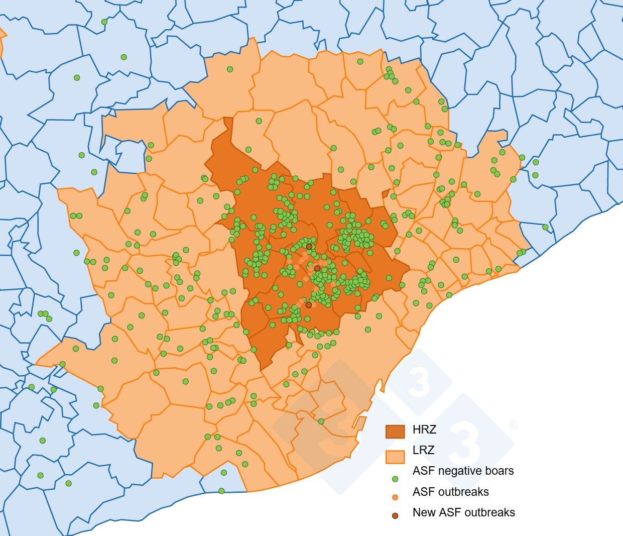 Location of the 29 outbreaks in wild boars and of the negative wild boars that were captured or found dead in Catalonia