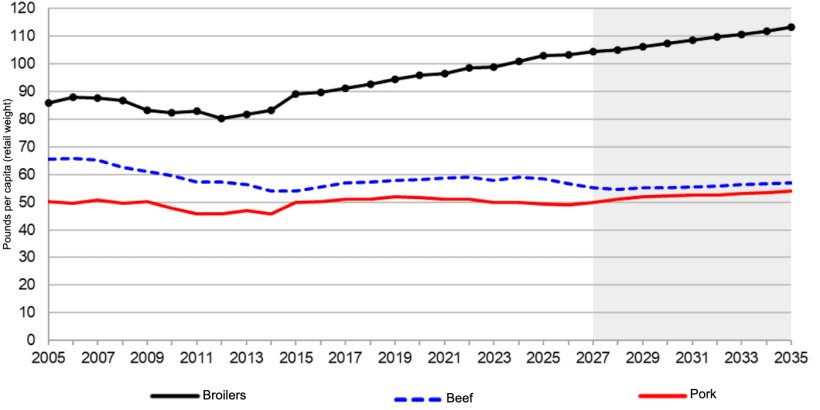 U.S. per capita meat consumption, 2005-2035. Source: USDA