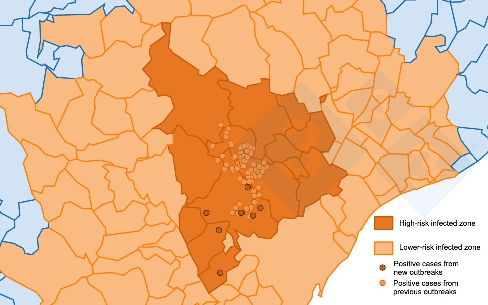 <p>Detailed location of the 162 cases of wild boar detected in the infected area. Light circle: cases from previous outbreaks. Dark circle: newly reported cases (Source: Department of Agriculture, Livestock, Fisheries and Food).</p>
